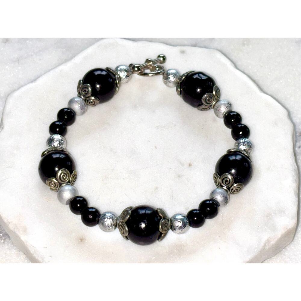 Vintage Silver Tone Onyx & Pearl Toggle Bracelet - 7.5"